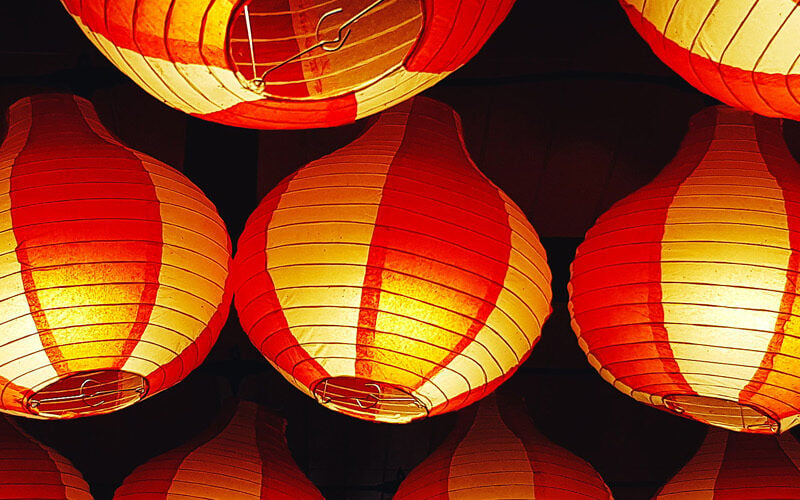 Red lanterns (word mean blessing, good health and wealth, get rich) hanging at Chinese temple that decorating for Chinese new year festival.